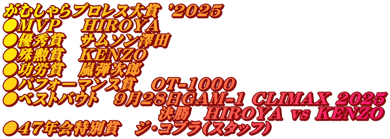 がむしゃらプロレス大賞 '2025 ●MVP　 HIROYA ●優秀賞　サムソン澤田 ●殊勲賞　KENZO ●功労賞　嵐弾次郎 ●パフォーマンス賞　OT-1000 ●ベストバウト　9月28日GAM-1 CLIMAX 2025 　　　　　　　　　　決勝　HIROYA vs KENZO ●47年会特別賞　ジ・コブラ(スタッフ)